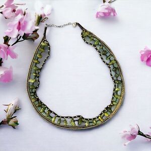 Vintage green stone/antique brass artisan boho necklace‎
